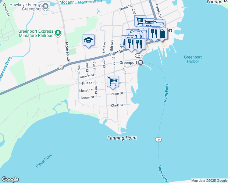 map of restaurants, bars, coffee shops, grocery stores, and more near 305 5th Street in Greenport