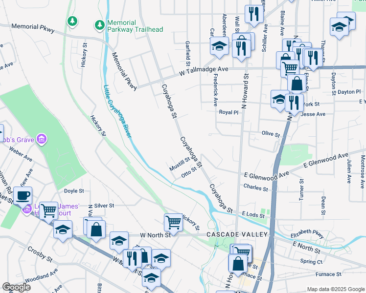 map of restaurants, bars, coffee shops, grocery stores, and more near 236 Cuyahoga Street in Akron