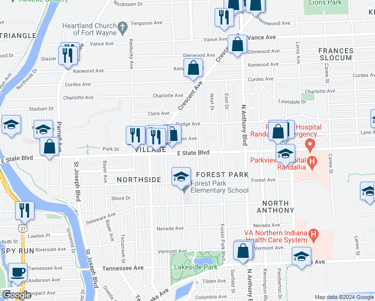 map of restaurants, bars, coffee shops, grocery stores, and more near 1415 East State Boulevard in Fort Wayne