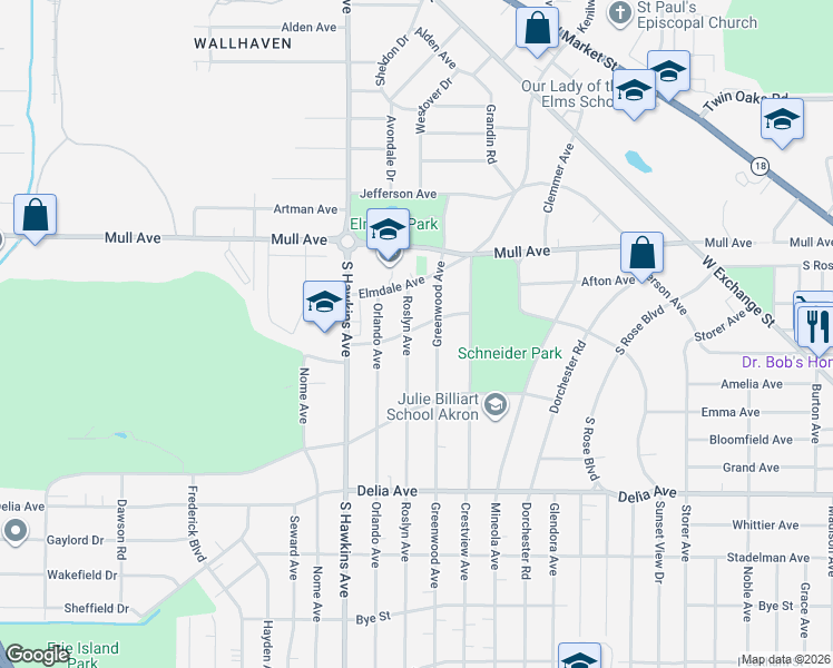 map of restaurants, bars, coffee shops, grocery stores, and more near 417 Roslyn Ave in Akron