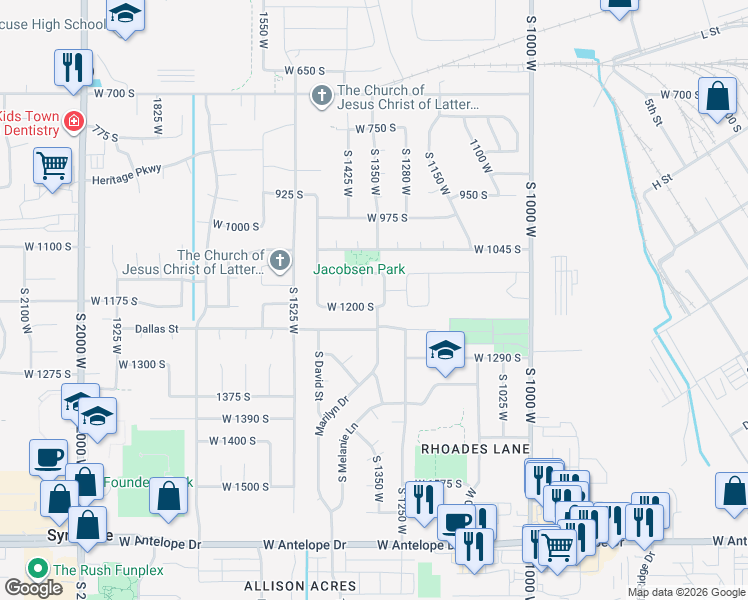 map of restaurants, bars, coffee shops, grocery stores, and more near 1354 West 1200 South in Clearfield