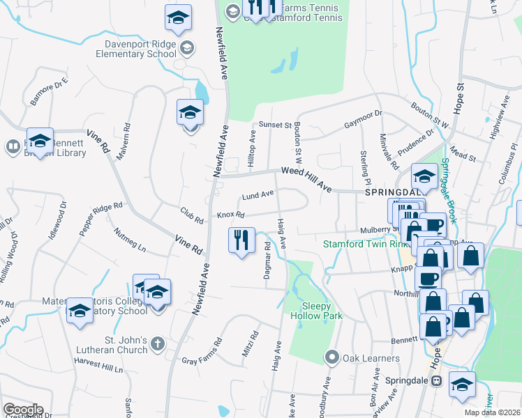 map of restaurants, bars, coffee shops, grocery stores, and more near 72 Knox Road in Stamford