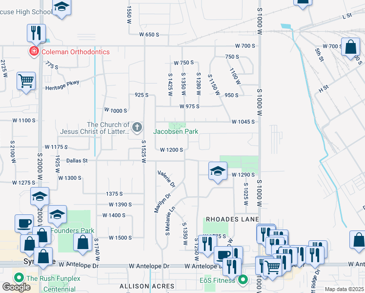 map of restaurants, bars, coffee shops, grocery stores, and more near 1354 West 1200 South in Clearfield