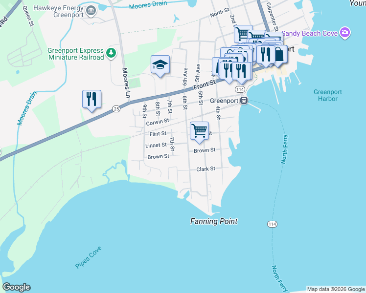 map of restaurants, bars, coffee shops, grocery stores, and more near 311 6th Street in Greenport