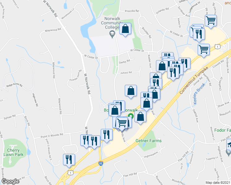 map of restaurants, bars, coffee shops, grocery stores, and more near 117 Richards Avenue in Norwalk