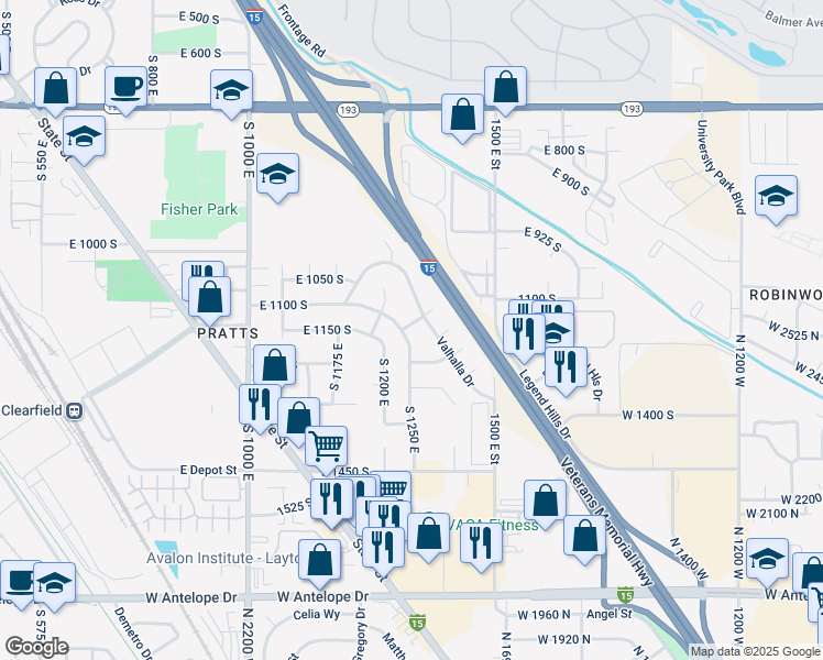 map of restaurants, bars, coffee shops, grocery stores, and more near 1221 East 1200 South in Clearfield