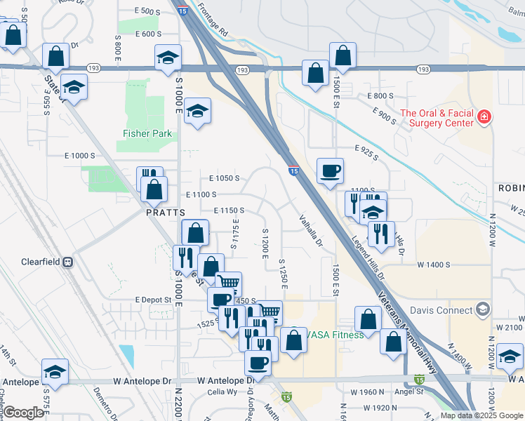 map of restaurants, bars, coffee shops, grocery stores, and more near 1149 South 1200 East in Clearfield