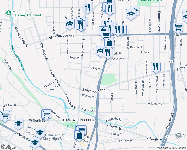 map of restaurants, bars, coffee shops, grocery stores, and more near 444 North Main Street in Akron