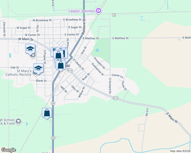 map of restaurants, bars, coffee shops, grocery stores, and more near 98 Brice Street in Leipsic