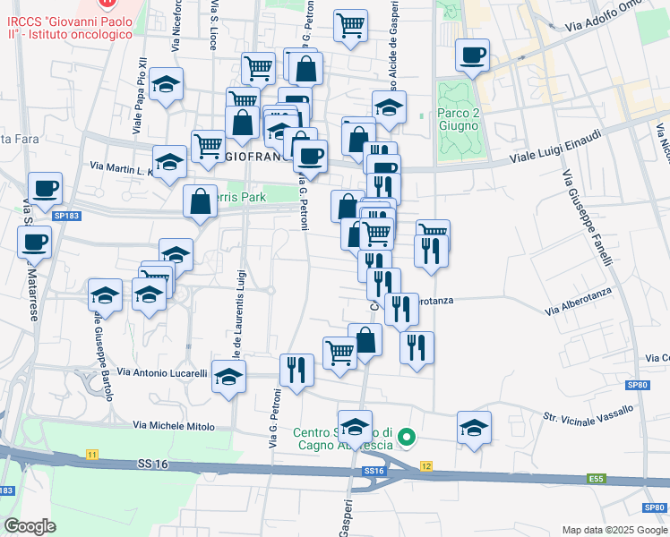 map of restaurants, bars, coffee shops, grocery stores, and more near 7 Via Saverio La Sorsa in Bari