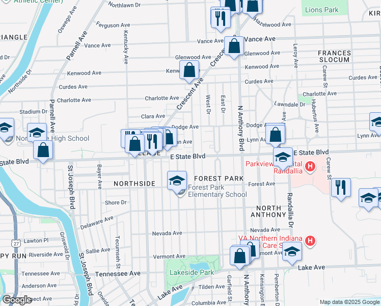 map of restaurants, bars, coffee shops, grocery stores, and more near 2303 Florida Drive in Fort Wayne