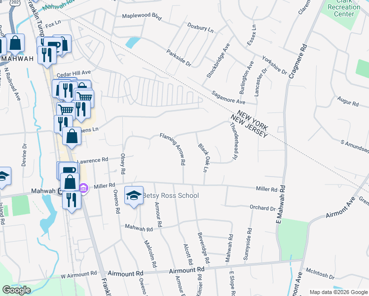 map of restaurants, bars, coffee shops, grocery stores, and more near 39 Flaming Arrow Road in Mahwah