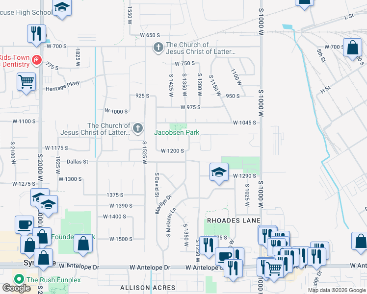 map of restaurants, bars, coffee shops, grocery stores, and more near 1176 South 1325 West in Clearfield