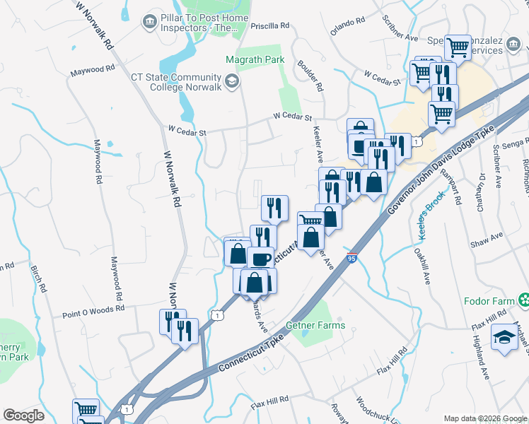 map of restaurants, bars, coffee shops, grocery stores, and more near 100 Richards Avenue in Norwalk