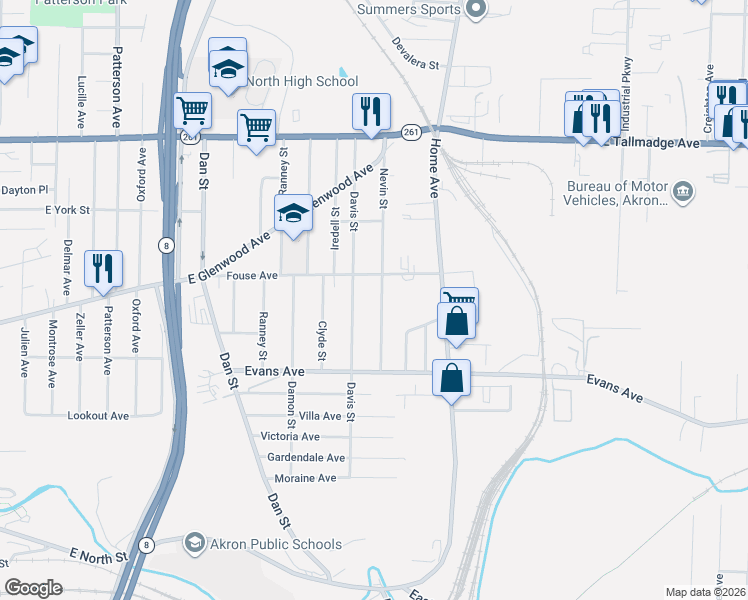 map of restaurants, bars, coffee shops, grocery stores, and more near 873 Nevin Street in Akron