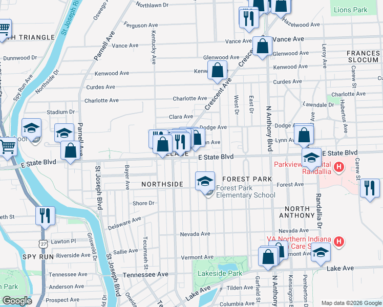 map of restaurants, bars, coffee shops, grocery stores, and more near 2309 California Avenue in Fort Wayne