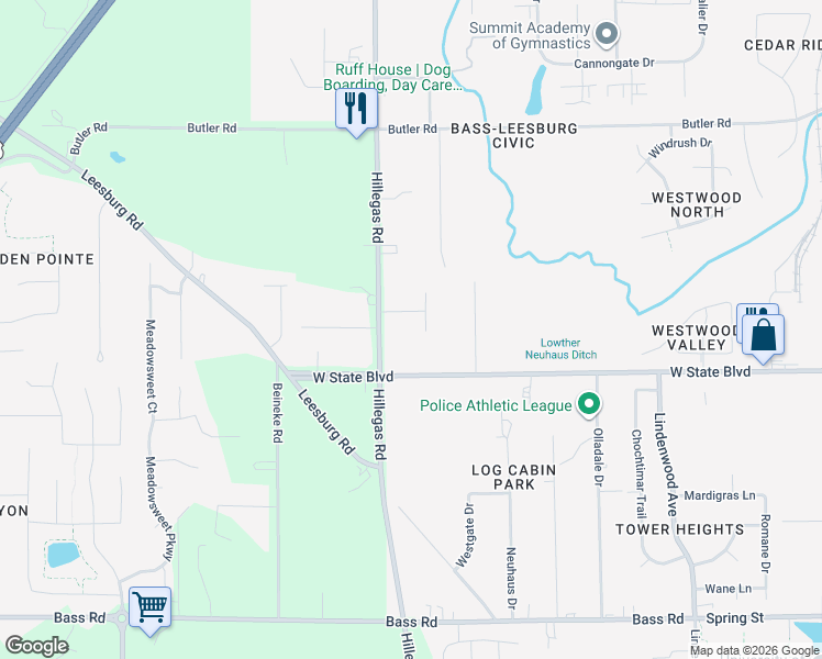 map of restaurants, bars, coffee shops, grocery stores, and more near 2417 Washington Court in Fort Wayne