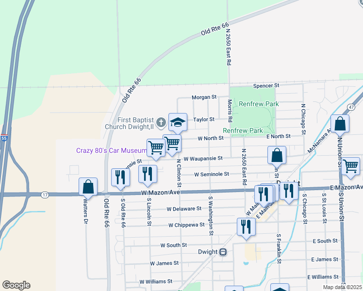 map of restaurants, bars, coffee shops, grocery stores, and more near 221 West North Street in Dwight