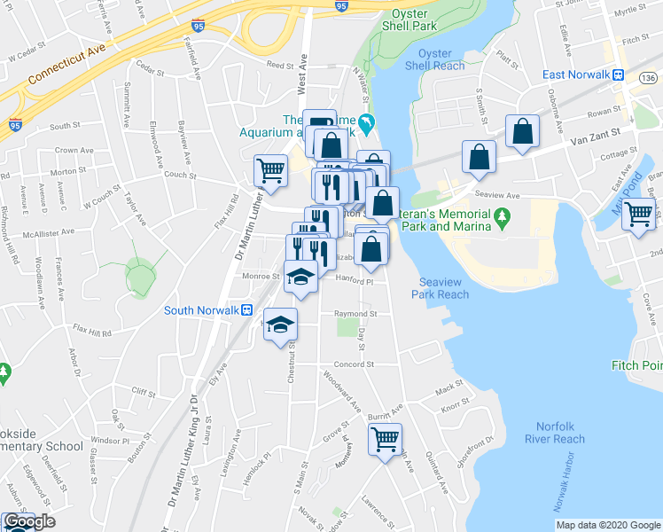 map of restaurants, bars, coffee shops, grocery stores, and more near 64 South Main Street in Norwalk