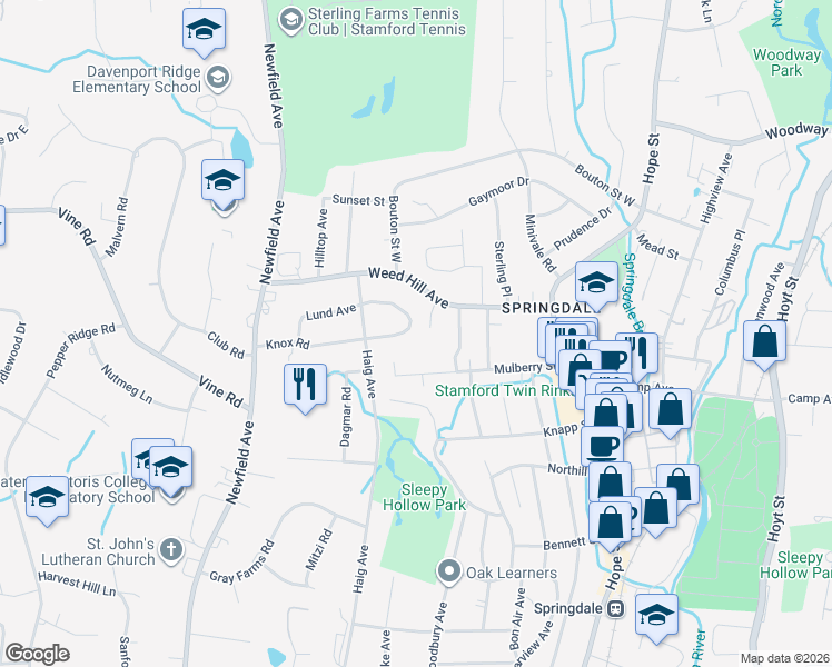 map of restaurants, bars, coffee shops, grocery stores, and more near 133 Knox Road in Stamford