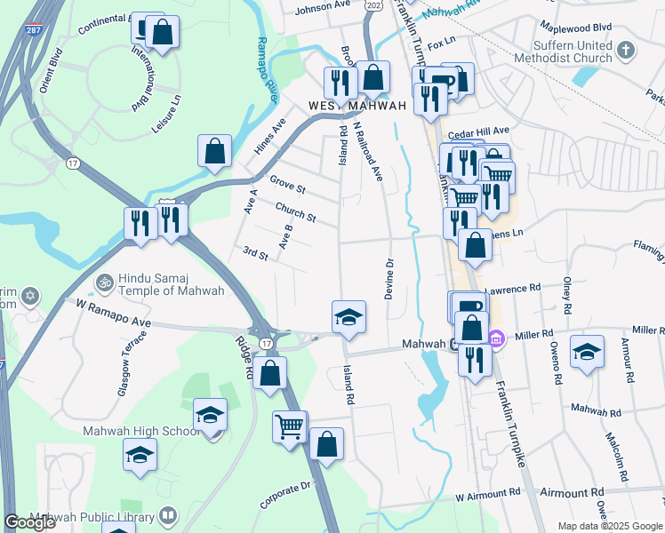 map of restaurants, bars, coffee shops, grocery stores, and more near 78 Island Road in Mahwah