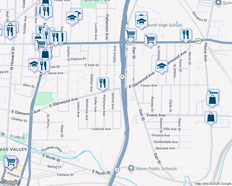 map of restaurants, bars, coffee shops, grocery stores, and more near 411 Oxford Ave in Akron