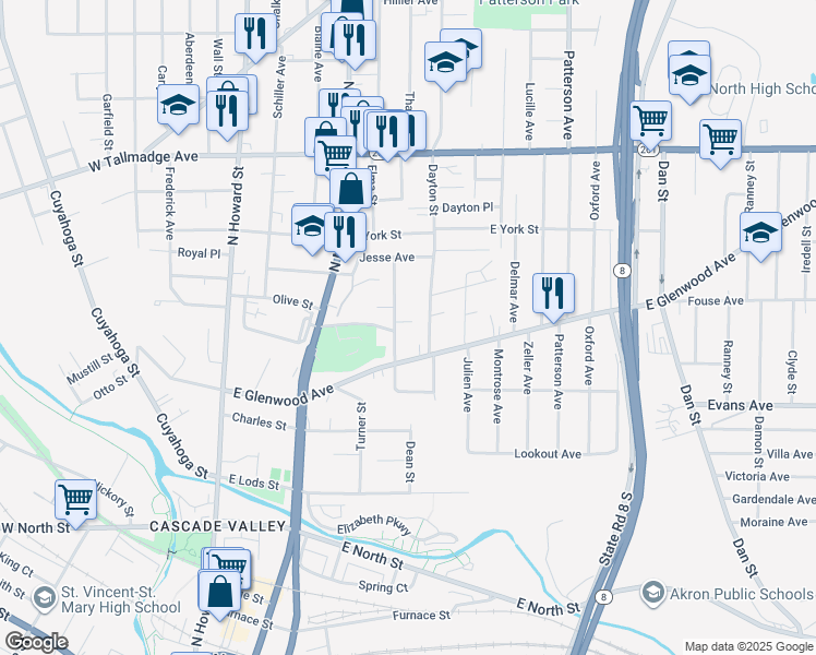 map of restaurants, bars, coffee shops, grocery stores, and more near 198 Butler Court in Akron