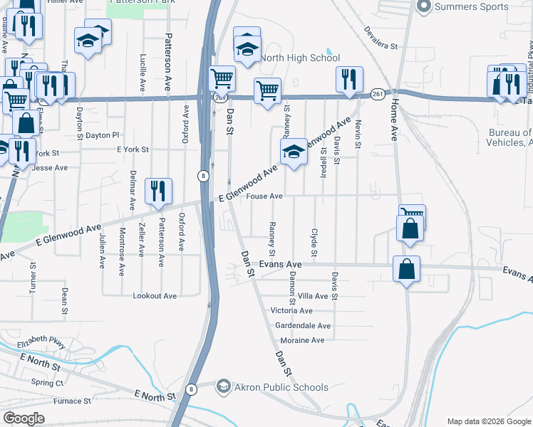 map of restaurants, bars, coffee shops, grocery stores, and more near 688 Ranney St in Akron
