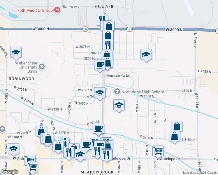 map of restaurants, bars, coffee shops, grocery stores, and more near 370 West Knights Lane in Layton