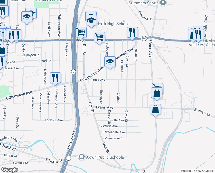 map of restaurants, bars, coffee shops, grocery stores, and more near 768 Damon Street in Akron