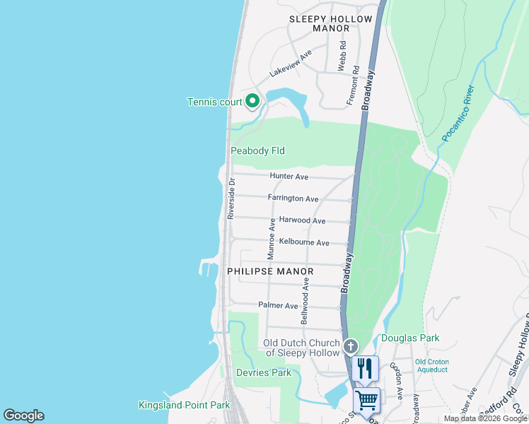 map of restaurants, bars, coffee shops, grocery stores, and more near 257 Harwood Avenue in Sleepy Hollow