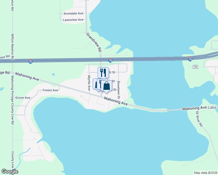 map of restaurants, bars, coffee shops, grocery stores, and more near 17658 Beard Street in Lake Milton
