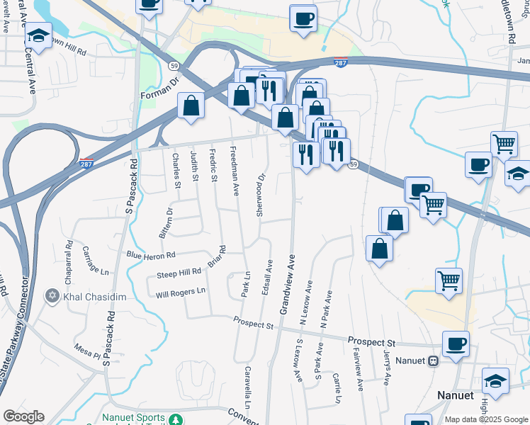 map of restaurants, bars, coffee shops, grocery stores, and more near 58 Sherwood Drive in Nanuet