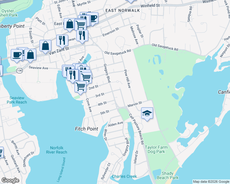 map of restaurants, bars, coffee shops, grocery stores, and more near 71 Gregory Boulevard in Norwalk