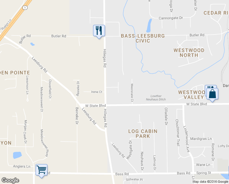 map of restaurants, bars, coffee shops, grocery stores, and more near 2417 Washington Court in Fort Wayne