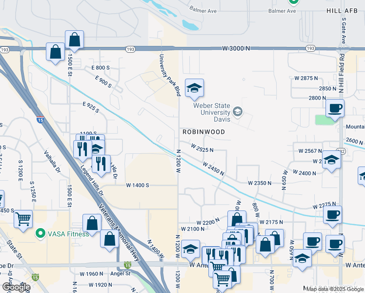 map of restaurants, bars, coffee shops, grocery stores, and more near 2480 University Park Boulevard in Layton