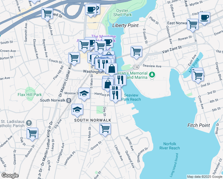 map of restaurants, bars, coffee shops, grocery stores, and more near 85 Connecticut 136 in Norwalk