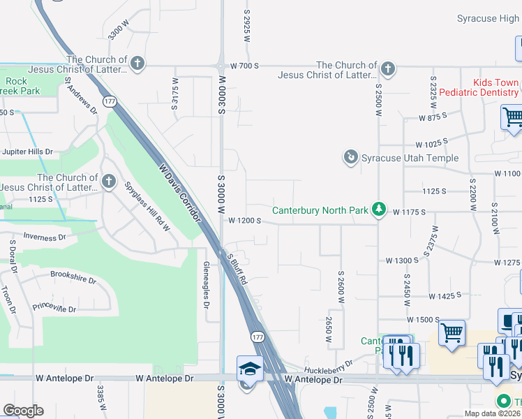 map of restaurants, bars, coffee shops, grocery stores, and more near 2879 West 1150 South in Syracuse