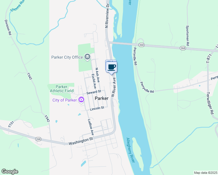 map of restaurants, bars, coffee shops, grocery stores, and more near 322 North River Avenue in Parker