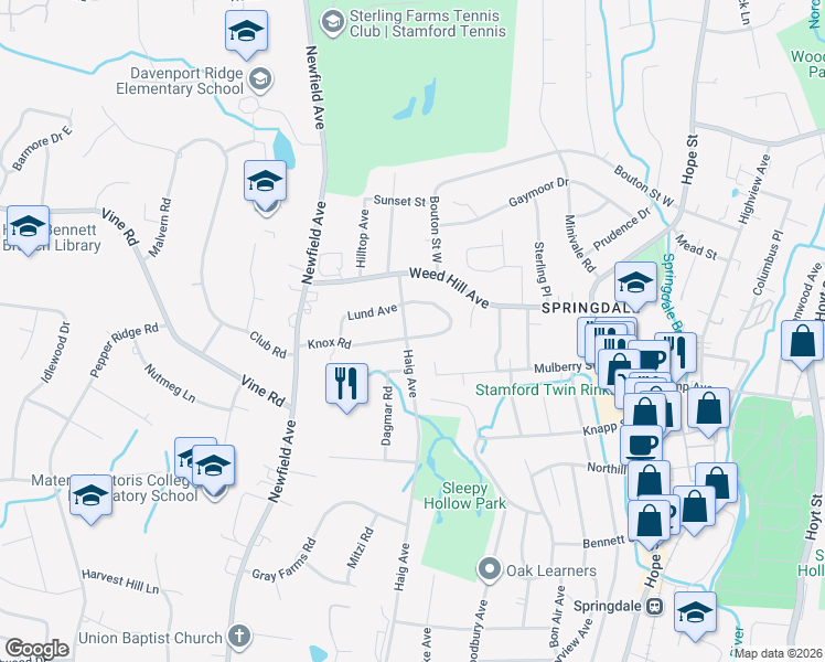map of restaurants, bars, coffee shops, grocery stores, and more near 381 Upper Haig Avenue in Stamford