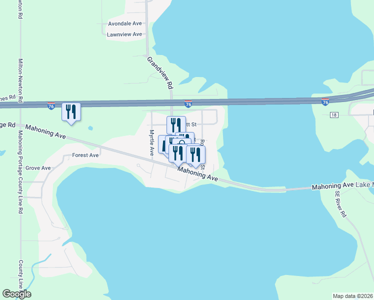 map of restaurants, bars, coffee shops, grocery stores, and more near 17658 Beard Street in Lake Milton
