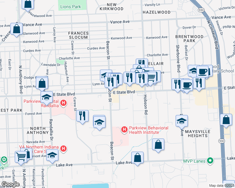 map of restaurants, bars, coffee shops, grocery stores, and more near 2828 E State Blvd in Fort Wayne