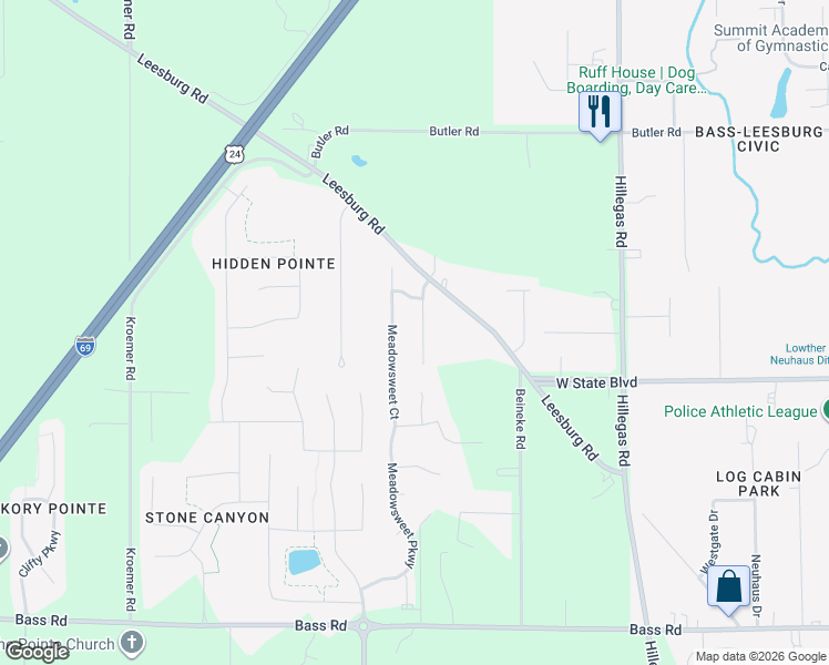 map of restaurants, bars, coffee shops, grocery stores, and more near 2335 Cloverfield Court in Fort Wayne