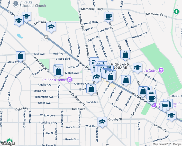 map of restaurants, bars, coffee shops, grocery stores, and more near in Akron
