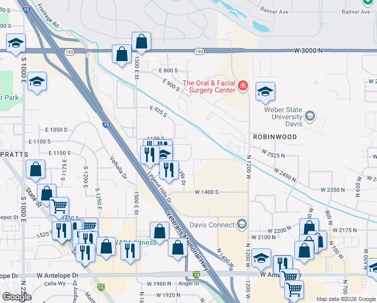 map of restaurants, bars, coffee shops, grocery stores, and more near 141 South 1500 East in Clearfield
