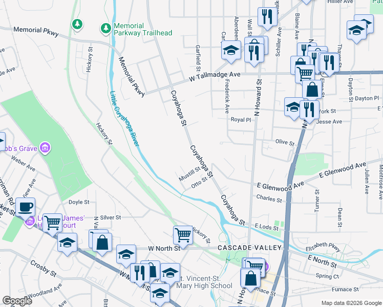 map of restaurants, bars, coffee shops, grocery stores, and more near 236 Cuyahoga Street in Akron