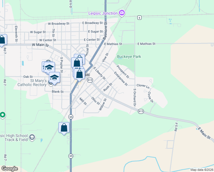 map of restaurants, bars, coffee shops, grocery stores, and more near 604 East Liberty Street in Leipsic