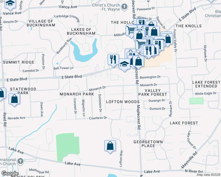 map of restaurants, bars, coffee shops, grocery stores, and more near 6022 Monarch Drive in Fort Wayne