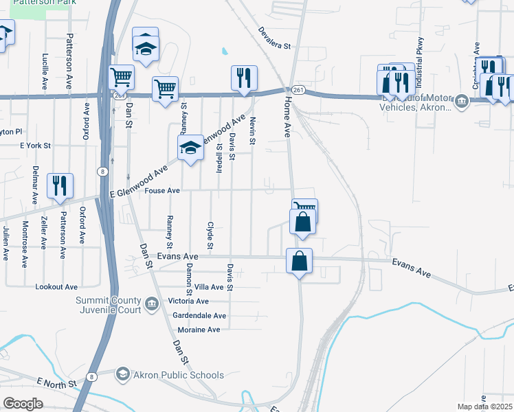 map of restaurants, bars, coffee shops, grocery stores, and more near 873 Nevin St in Akron