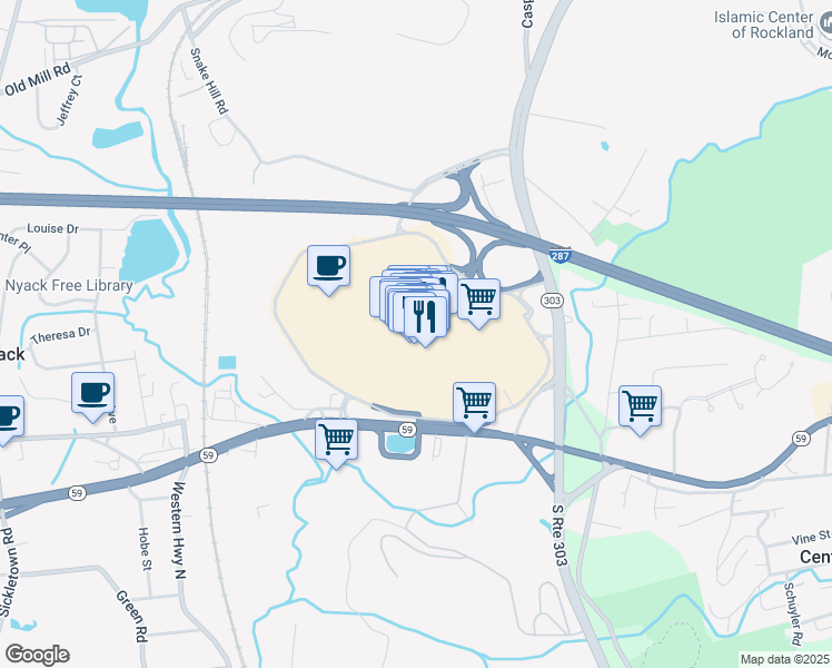 map of restaurants, bars, coffee shops, grocery stores, and more near 1000 Palisades Center Drive in West Nyack